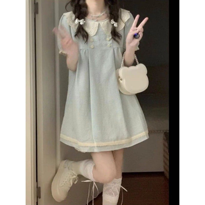 和菓子で可愛いチェック柄の飛び袖ドールドレス 女子学生用 ゆったり肉感お姫様ドレス