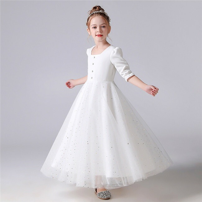 ホワイト ドレス　五分袖　子供ドレス　キッズドレス　ピアノ　フォーマル　ワンピース　キッズ服 子供服　ロングドレス　ロング丈 女の子 ワンピース 子ども　発表会　七五三　演出舞台　結婚式　卒業園　入園