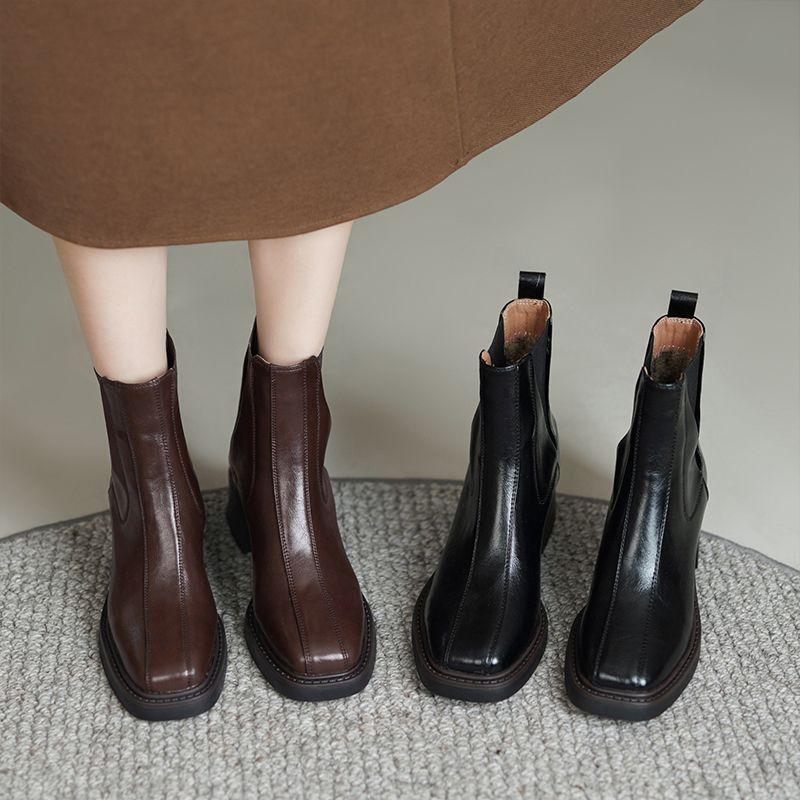 最低価格保証！レディース サイドゴアブーツ 本革 厚底 身長アップ ショートブーツ チェルシーブーツ イングランド風 ラウンドトゥショートブーツ 牛革 大きいサイズ 26cm