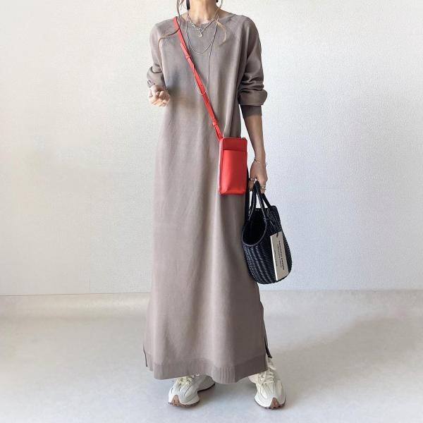 【女性大人気】 柔らかくて優しい印象シンプル定番ラウンドネックスリットマキシワンピース