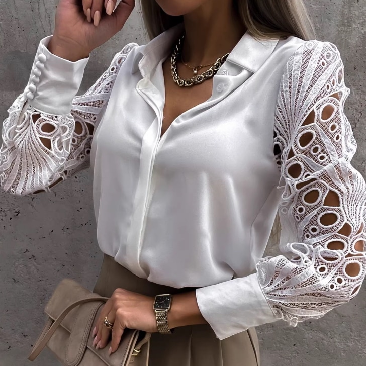 レディース トップス シャツ ブラウス 前開き Yシャツ 長袖 襟付き レース ボタン かわいい 大人可愛い きれいめ シンプル カジュアル 上品 おしゃれ かっこいい レトロ こなれ感 ラフ