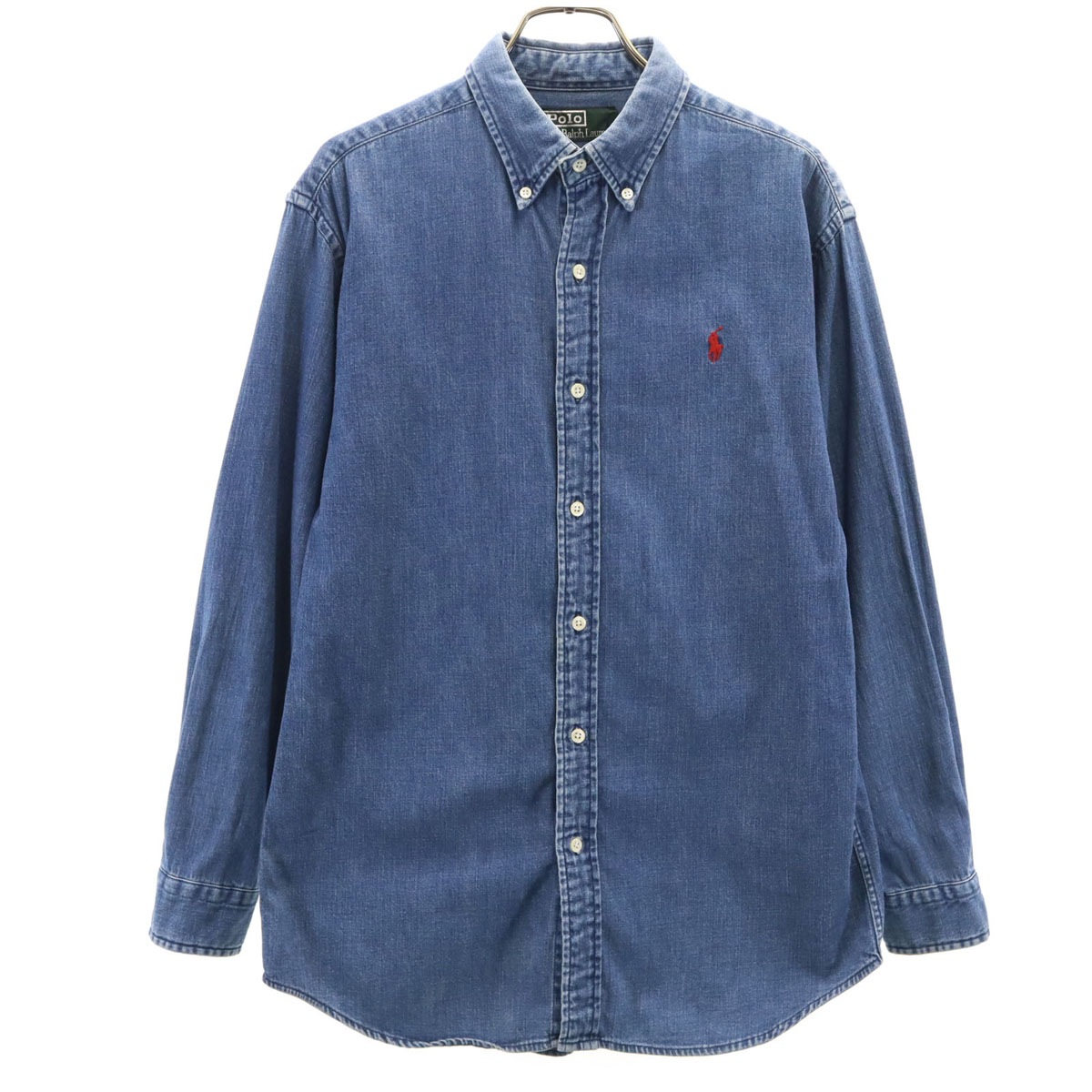 Polo by Ralph Lauren ポロバイラルフローレン 80s ヴィンテージ 緑タグ ボーイズ 長袖 ダンガリーデニム ボタンダウンシャツ 160 ウォッシュブルー キッズ 古着