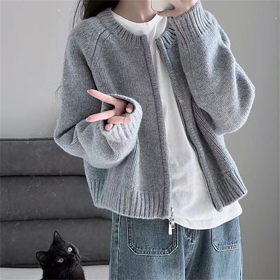 秋冬作ゆったりグレーのショート丈セーターコート婦人服の厚いジッパー長袖ニットカーディガントップス