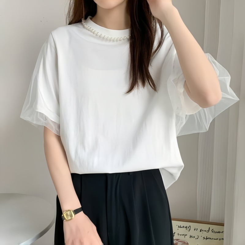レディース トップス カットソー Tシャツ 半袖 Uネック ラウンドネック フェミニン 透け感 シースルー 切り替えデザイン ドッキング 異素材ミックス チュール シアー かわいい 大人可愛い