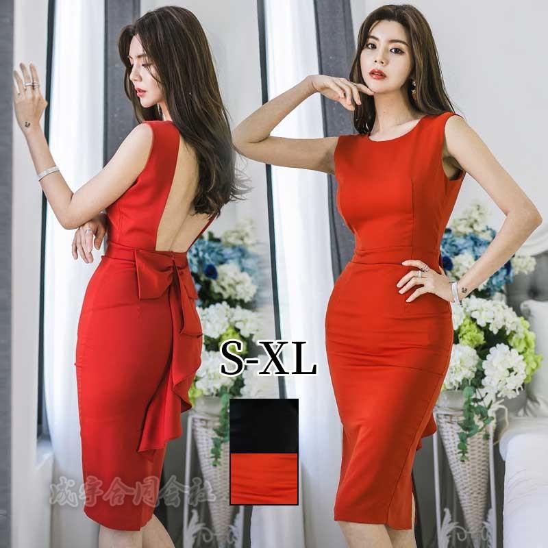 ノースリーブワンピース レディース ペンシル タイト バックリボン フリル ワンピース ロング パーティードレス 膝丈 背中見せ 夏 着痩せ フィット おしゃれ 4,776円