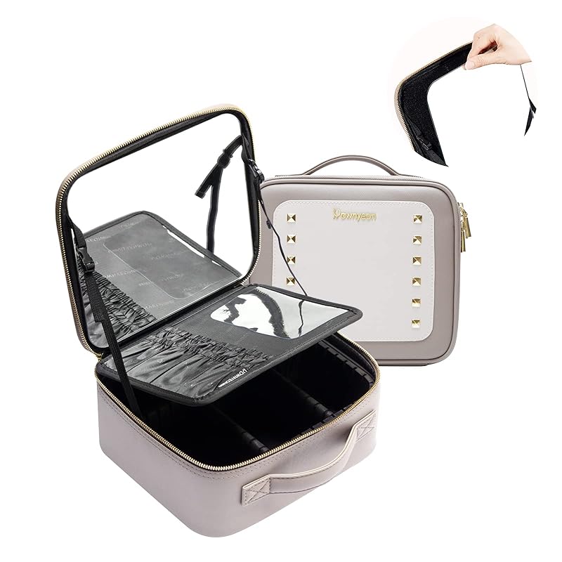 Rownyeon メイクボックス 鏡付き 大容量 プロ仕様 取り外し可能ミラー付き 仕切り メイクブラシ入れ付き 化粧ボックス 化粧ポーチ ブランド 化粧箱 コスメポーチ 自由調整できる メイク道具入