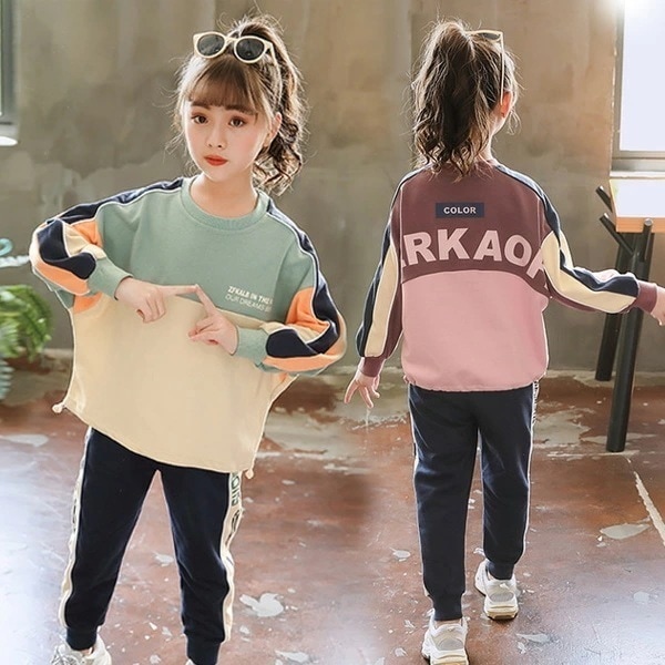 【即納】子供 上下セット スウェット2点セットアップ トレーニングウェア長袖 長ズボン ャツ 女子 スポーツウェア キッズ 子供服 春秋新作 2色