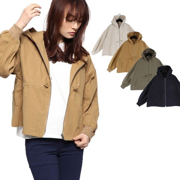 ブルゾン ジャンパー パーカー フード ドロスト 綿 コットン100％ ウェザークロス アウター 薄手 レディース ライトベージュ キャメル カーキ ネイビー