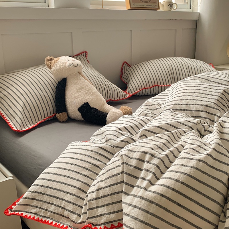 布団カバー4点セット かわいい寝具 布団セット 柔らかく肌触り ウォッシュド コットン ストライプ ベッドシーツ