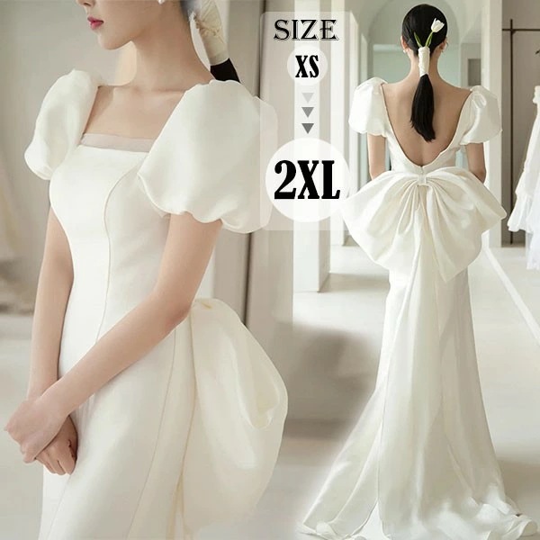 品質保証ウェディング ウエディングドレス ロングドレス トレーンドレス スクエアネック 後リボン ファスナー パフスリーブ マーメイドドレス 白ドレス ワンピース 花嫁 結婚式 二次会 披露宴 前撮り