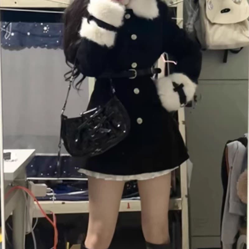 リッチ令嬢甘ギャルワンピースフェミニンデザイン感ミニプリンセススカート学院風ファーコート