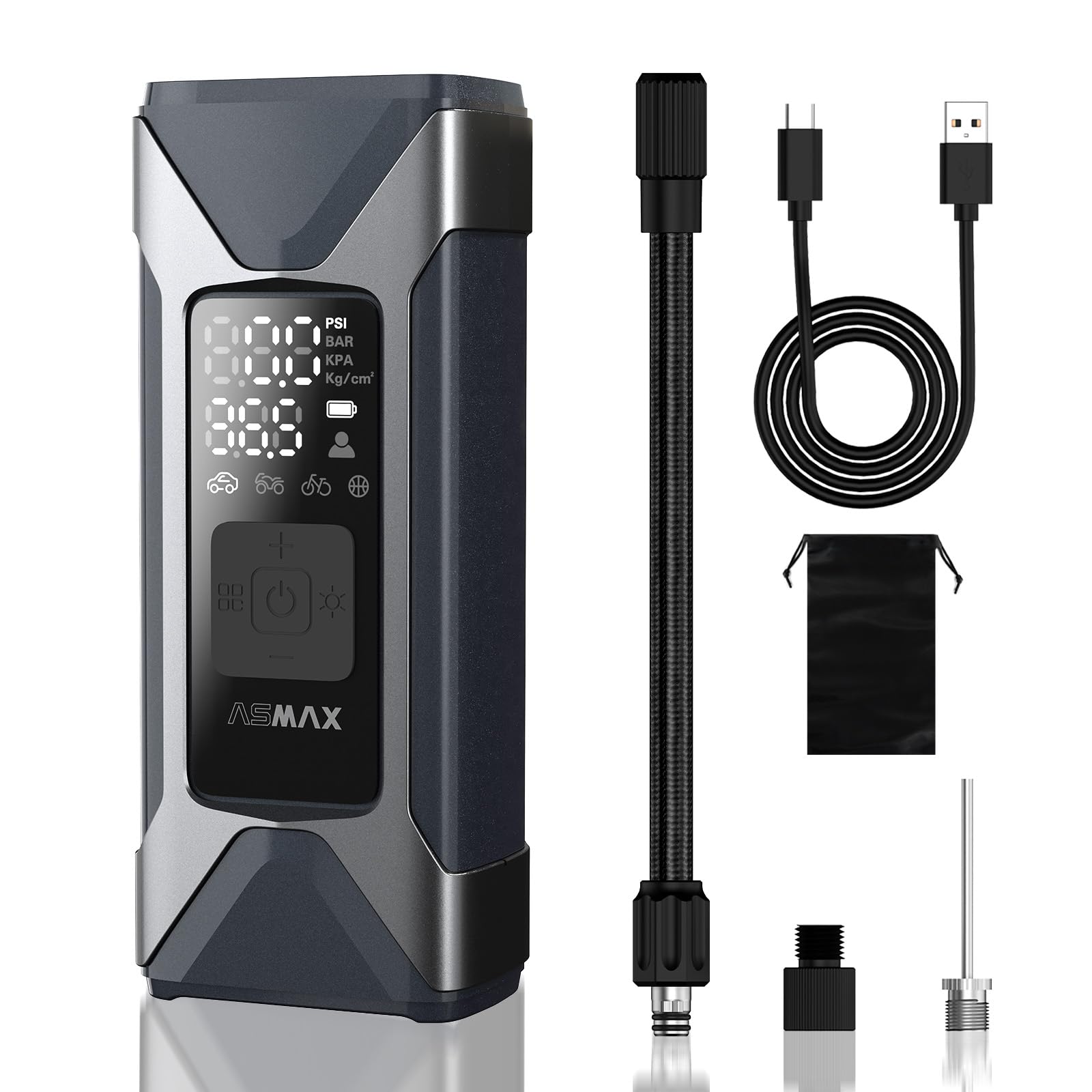 ASMAX 自転車 空気入れ 電動空気入れ バイク 車 エアーポンプ 7500mAh 大容量バッテリー 最大圧力160PSI タイヤ空気圧検知 50cmクイックリリースエアホース 自動停止 米式/仏式