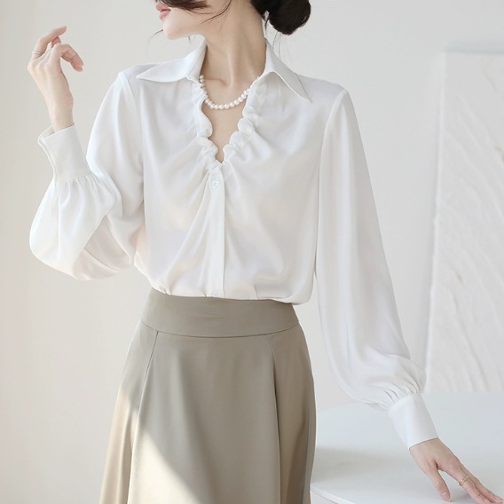 トップス シャツ シフォンシャツ ブラウス プルオーバー 袖付き 長袖 襟付き 角襟 Vネック かわいい 大人可愛い きれいめ シンプル 大人 上品 おしゃれ かっこいい 大人女子 レトロ こなれ感