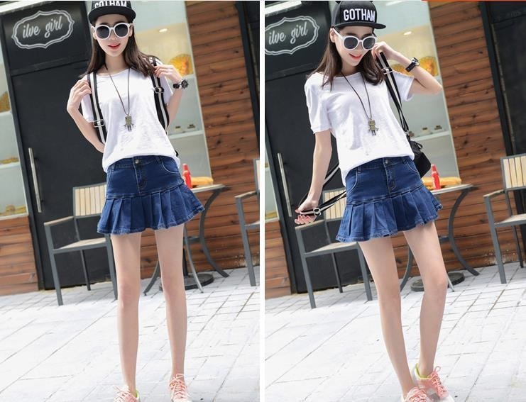 3158.ミニ丈 デニムフレアスカート（ネイビー）2019 春夏 ミニスカ お出かけ かわいい