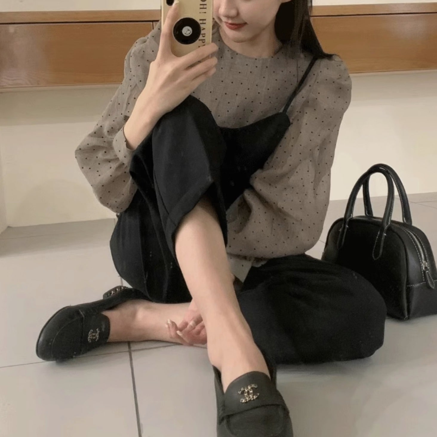 トップス レディース ドット柄 ふんわり ブラウス ビスチェ 2点セット シアーシャツ 個性的 春服 秋服 袖あり 長袖 パフスリーブ バルーン袖 ラウンドネック インスタ映え モテ 流行