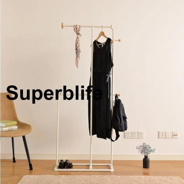 ウッドフックスチールハンガーラック2段洋服掛けおしゃれ衣類収納頑丈スリム木製ワードローブ超お得