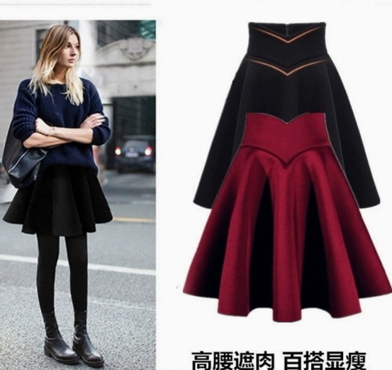 ブラックのミディスカート秋/冬のショートスカートハイウエストのフレアス762