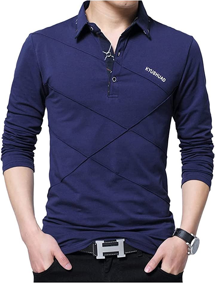スリージョイ ポロシャツ 長袖 トップス シンプル ゴルフウェア 襟付き カジュアル 春秋 メンズ(ネイビー, L)