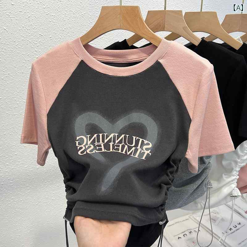 レディース トップス カジュアル おしゃれ アメリカン スウィート クールガール 右 肩 半袖 Tシャツ 夏 ユニーク スリムフィット シャツ 巾着 ショート