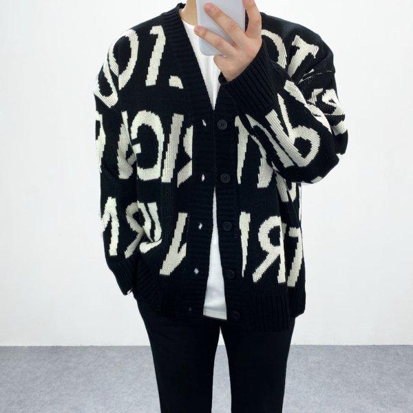 メンズ オーバーサイズ ライト 英文レタリングプリント ニットカーディガン 3カラー