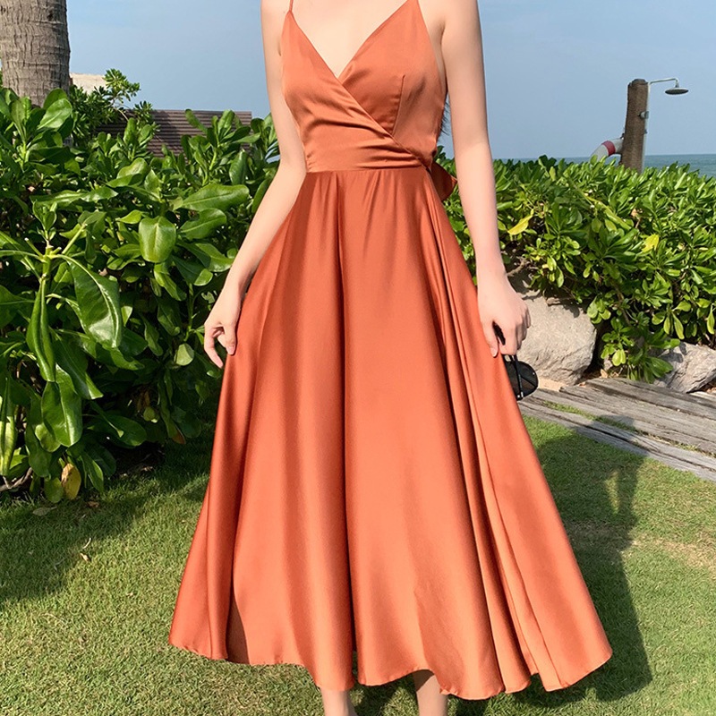 レディース ワンピース ロング キャミソール フレア Aライン バックリボン ハイウエスト かわいい 大人可愛い きれいめ シンプル カジュアル 上品 おしゃれ かっこいい レトロ アジアン