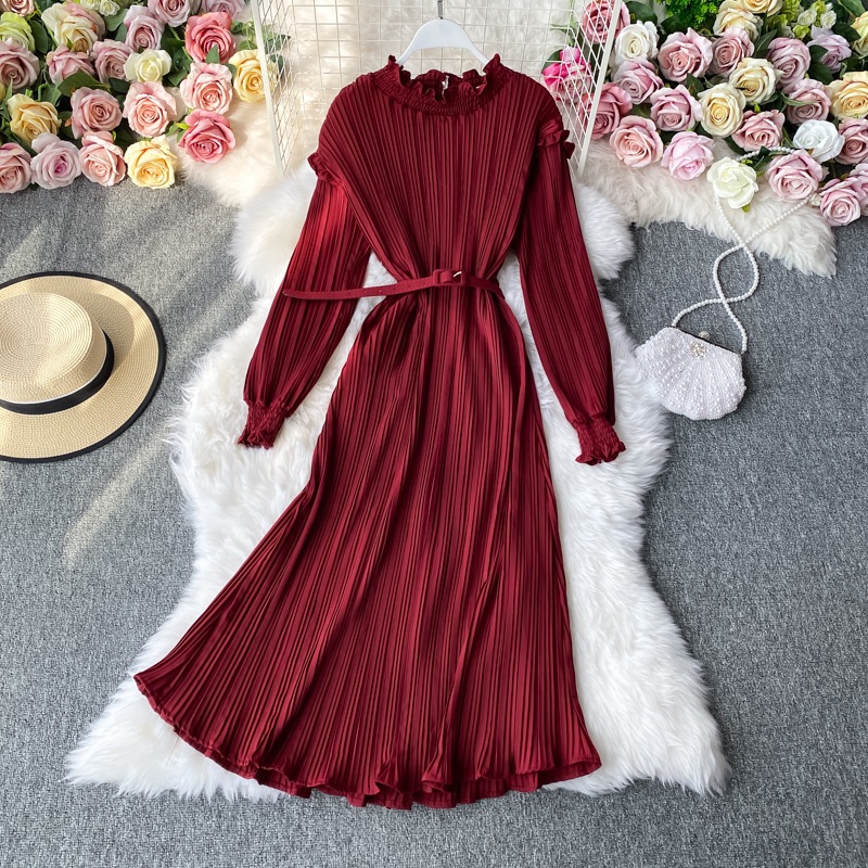 ワンピース レディース フレアワンピース ミモレ丈 袖あり 長袖 スタンドカラー プリーツ スリム