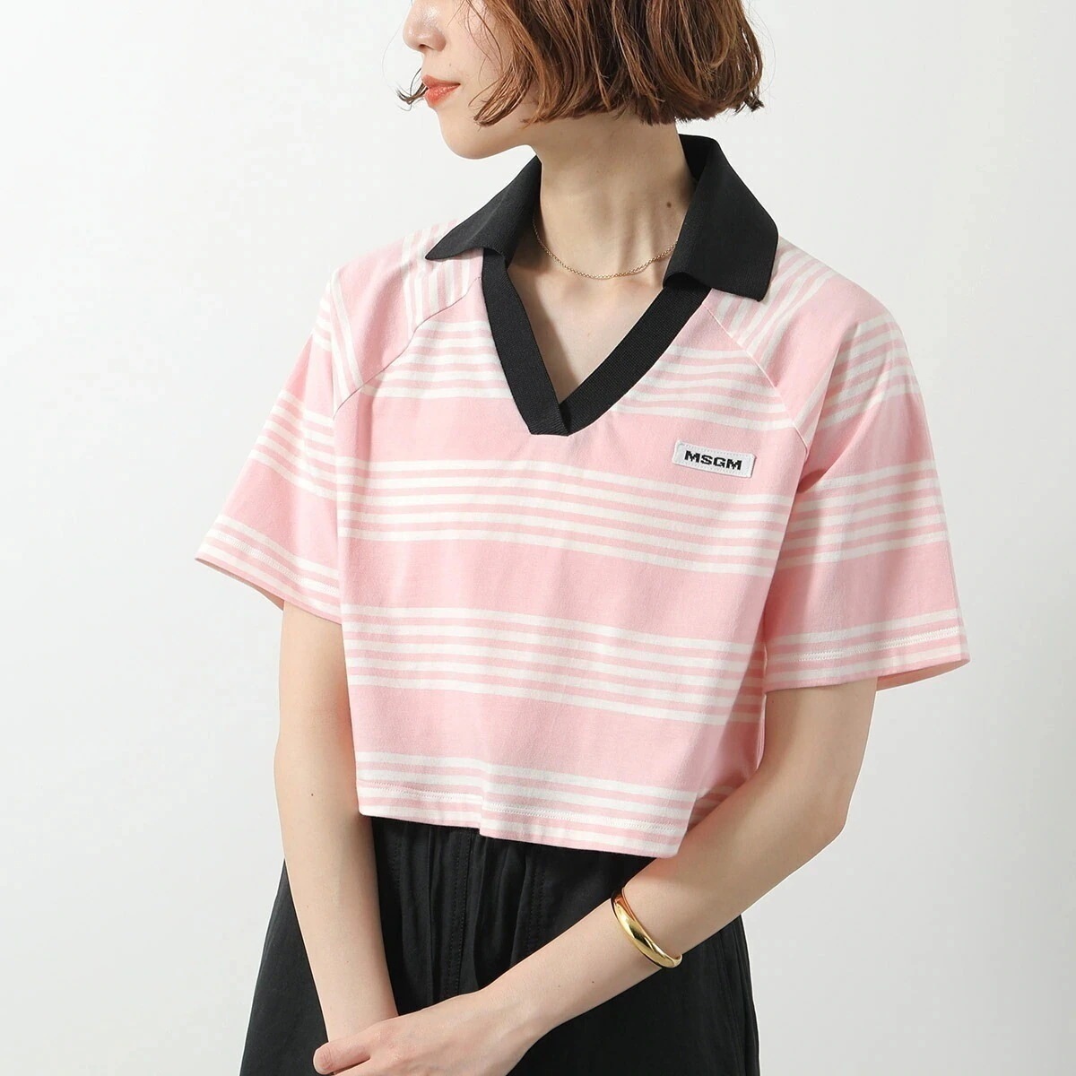 MSGM エムエスジーエム Tシャツ MDM104 257128 レディース カットソー 半袖 ストライプ ボーダー コットン Vネック クロップド丈 襟付き ロゴ 11