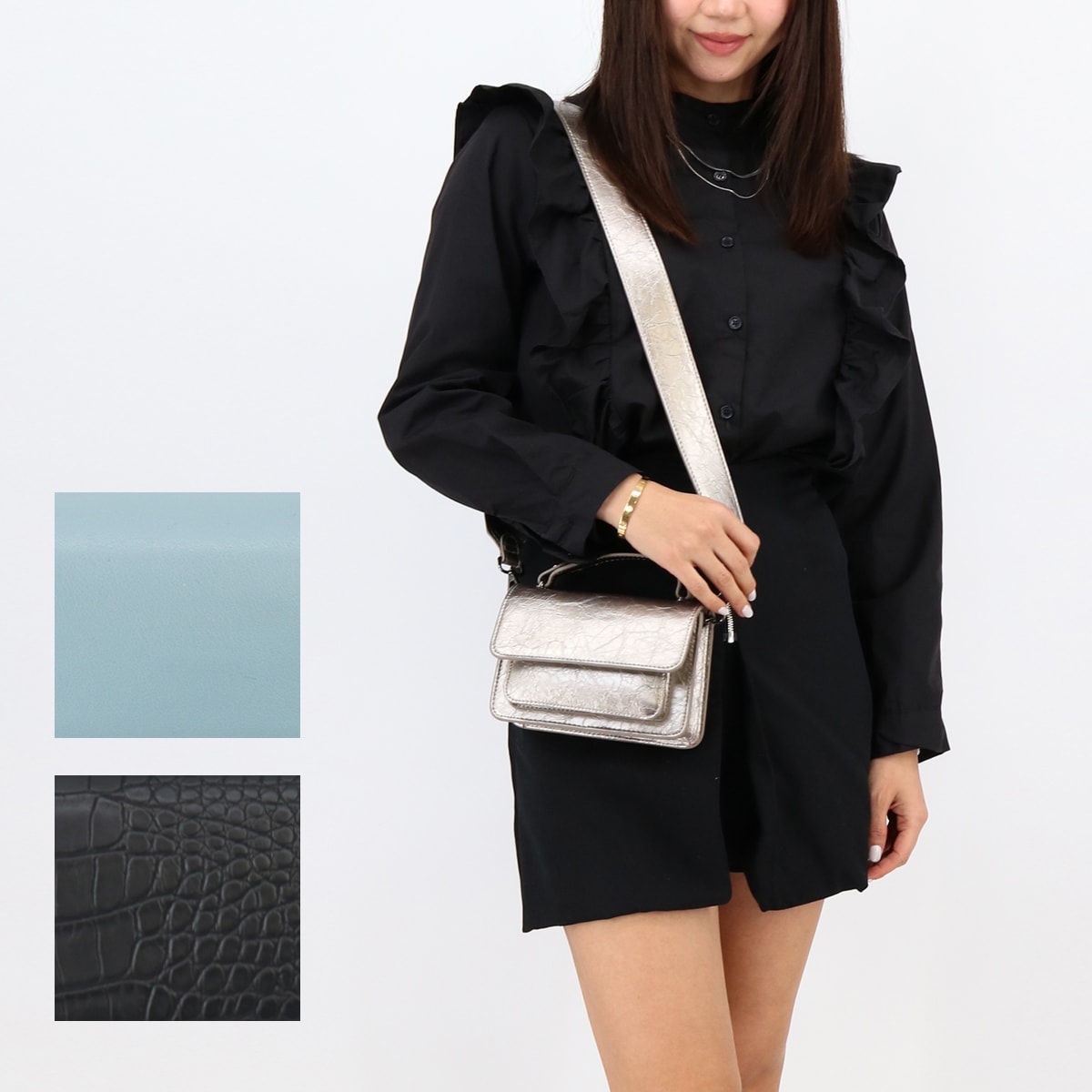 Renei Essentials ハンドバッグ ショルダーバッグ ミニショルダー ミニバッグ 2way メタリック クロコ柄 クロスボディ ポシェット ディース