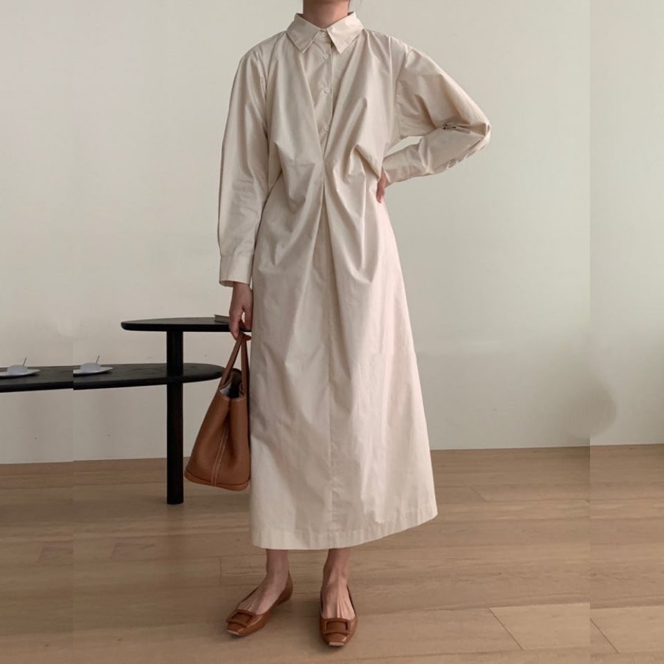 シャツワンピース ロング ロング丈 マキシ マキシ丈 袖あり 長袖 ボリューム袖 ドルマンスリーブ バットスリーブ 襟付き スタンダードカラー ワイド Iライン タック かわいい 大人可愛い