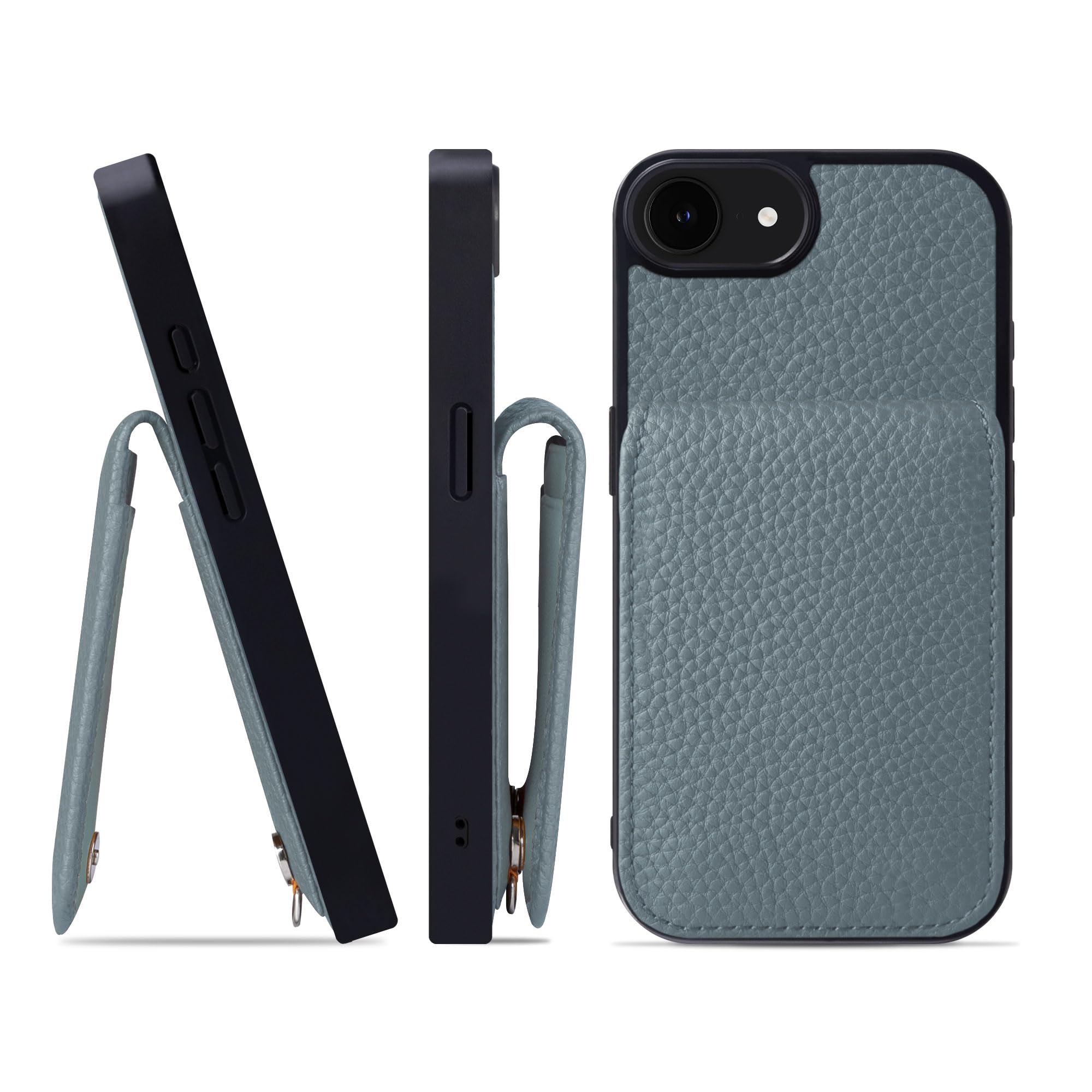 HANATORA for iPhone 16e ケース バンパー型 本革 スマホケース スマホ カードポケット スタンド ショルダーストラップ 付き シュリンクカーフレザー ギフト アイシーブルー S