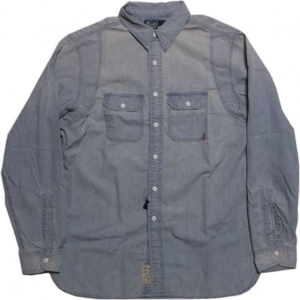 長袖 シャンブレーシャツ USED加工 ブルー PR2-489