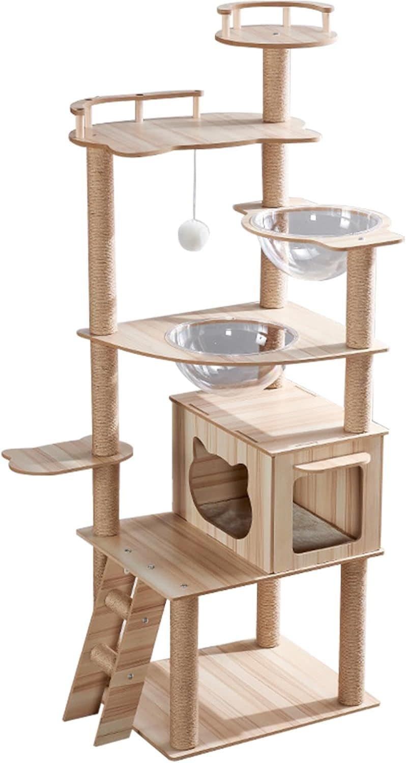 キャットタワー 猫タワー 木製 大型猫 多頭飼い 据え置き 高い安定性 宇宙船2個 麻紐 スクラッチ サイザル麻ロープ巻き 猫用 高さ170cm