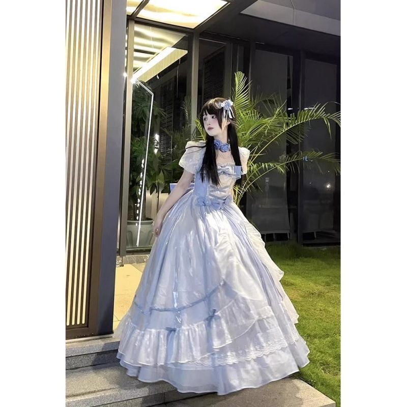 ブルー大人ドレス大輪ウェディングロリータドレスopロリータゴージャス逃亡者ふわふわ尻尾プリンセスドレス