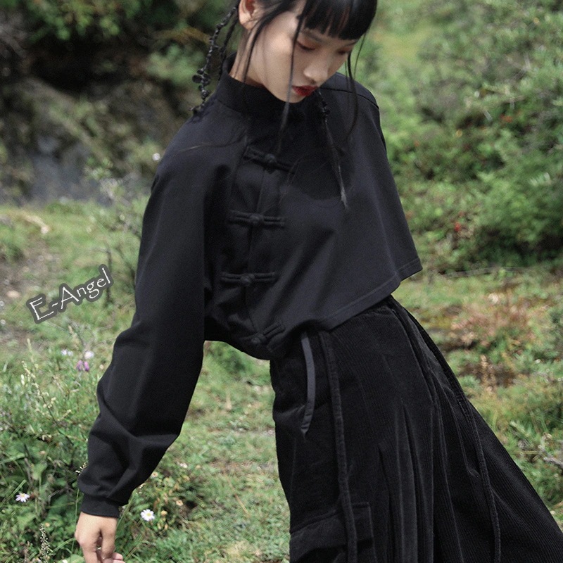 【快速出荷】チャイナ服 普段着 パーカー 黒 無地 ショート丈 チャイナ風トップス レディース スタンドカラー ドルマンスリーブ 高見え 着瘦せ ゆったり