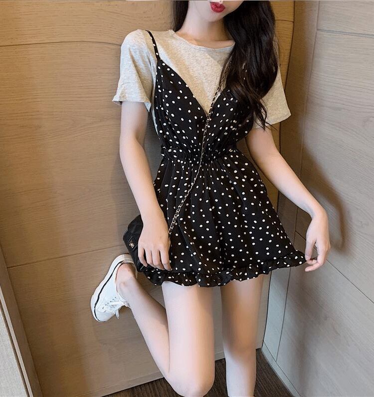 ワンピース ミニスカート レディース ミニ ショート Vネック フレア Aライン フリル 切り替えデザイン かわいい 大人可愛い きれいめ シンプル カジュアル おしゃれ レトロ こなれ感 ラフ ルー