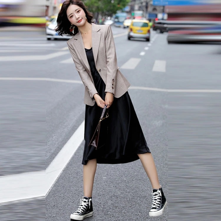 フォーマルビジネスレディース通勤長袖シングルボタンポケット付きテーラードジャケットスーツ春コートトップスアウター長袖オフィス仕事大きいサイズ春ジャケット