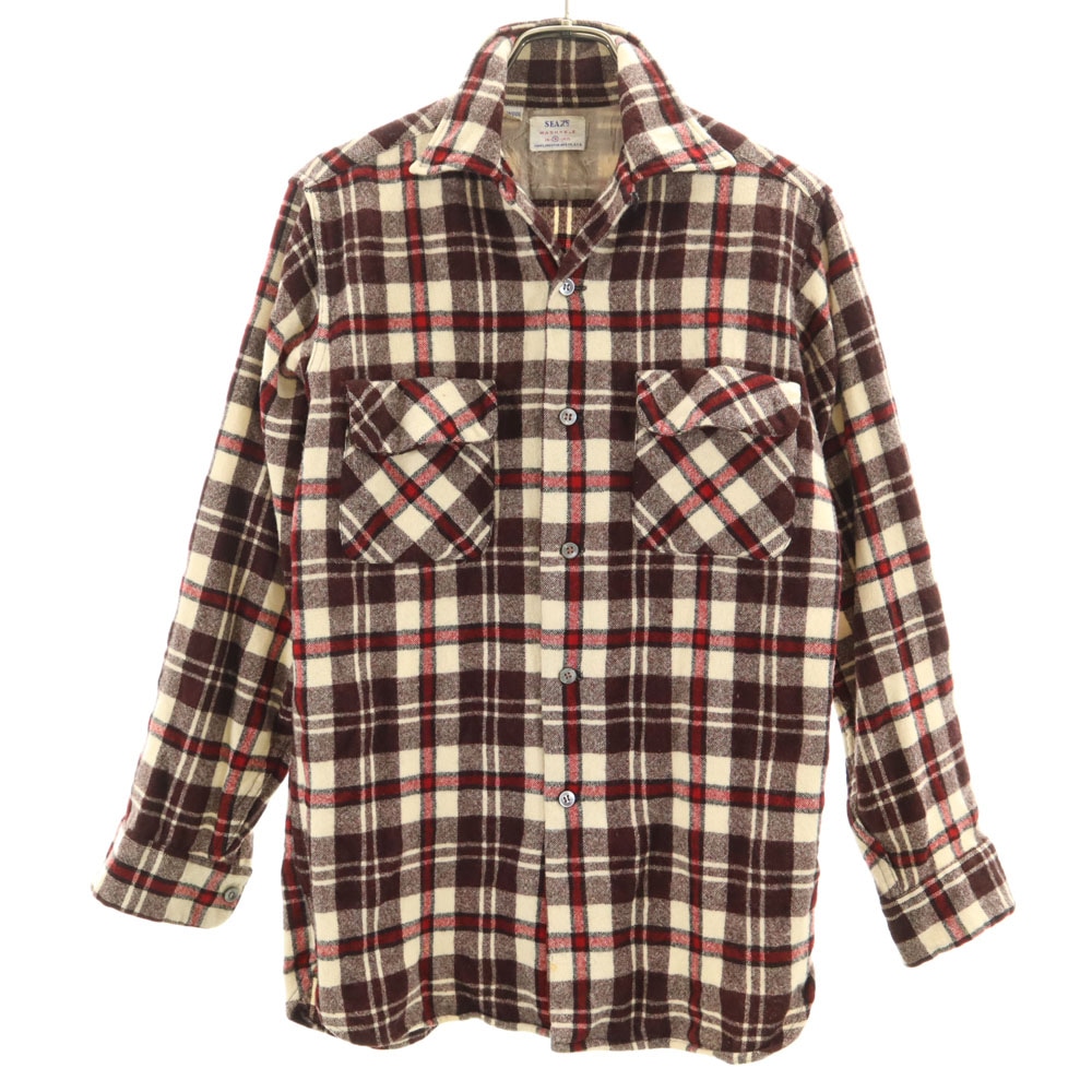 60s ヴィンテージ チェック 長袖 オープンカラー ウールシャツ S ブラウン系 開襟 メンズ