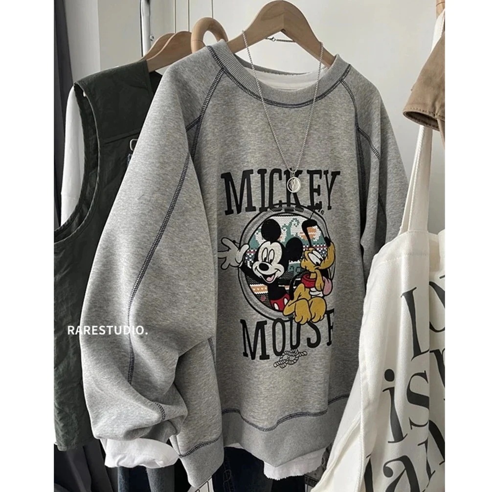 パーカーヘビーステッチ刺繍ミッキーグーフィーラウンドネックルーズスウェットシャツ