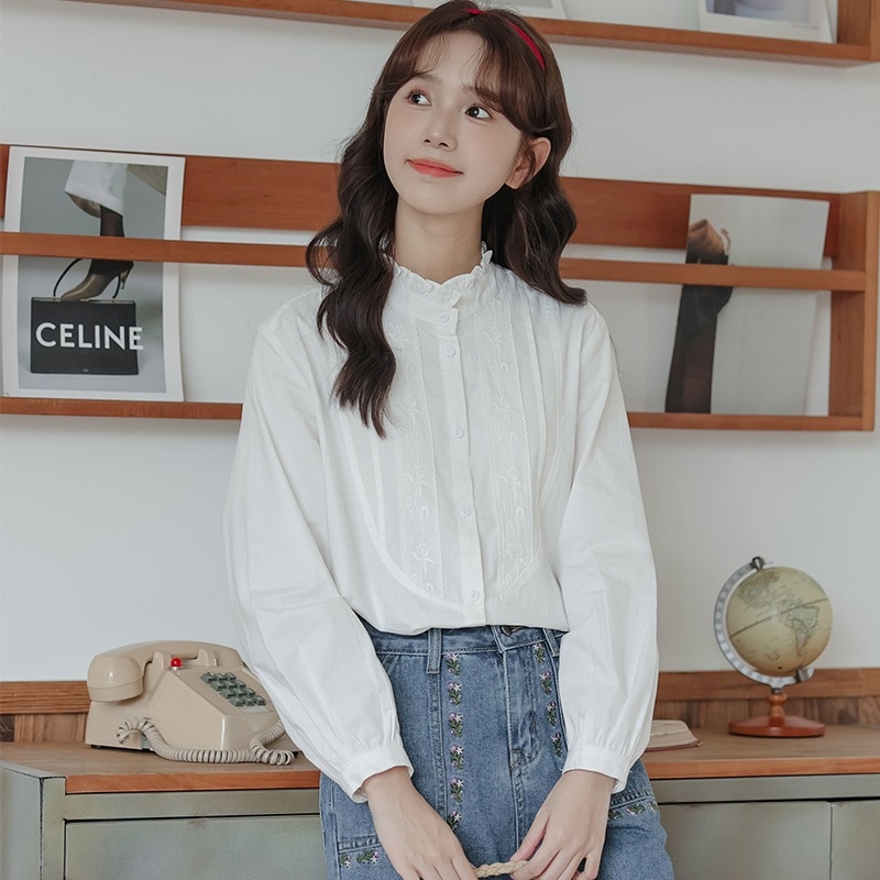 【1つ買うと10つ無料】2025春の新鮮な木製耳立って首輪ジャックヤック文学シンな長袖ホワイトシャツ女性