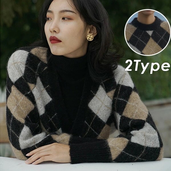 ニット セーター カーディガン プルオーバー レディース 春 秋 冬 体型カバー ニット オフィス シンプル トップス 長袖 ひし形 前開き ゆるニット おしゃれ カジュアル