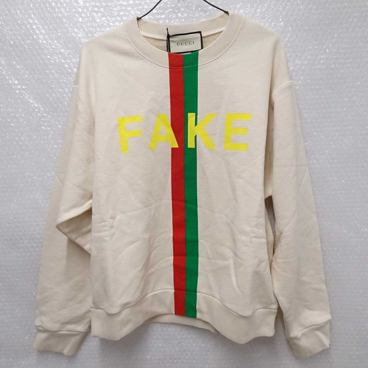 【中古・未使用品】GUCCI グッチ 20AW FAKE NOTプリント 長袖スウェットシャツ トレーナー クルーネック サイズS アイボリー 635847 メンズ