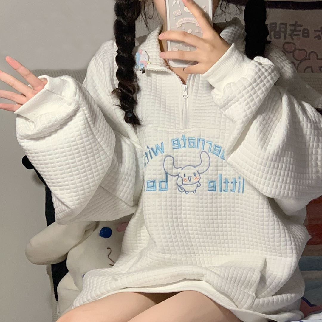 日本のかわいい柔らかい妹の玉桂犬刺繍ワッフルガードルの女性春冬のゆるい長袖ジッパーの上着の女性潮