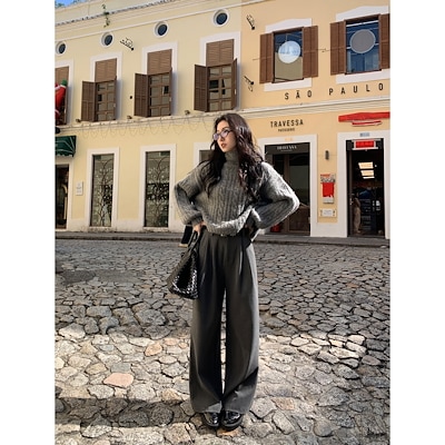 MULVANルーズワイドパンツレディース秋冬ハイウエストドレープルック薄いカバーカジュアルチューブロングパンツ