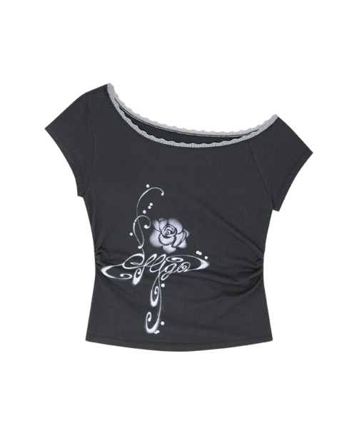【ILLIGO】 SAESO FLORAL ONE SHOULDER SHIRRING TOP CHARCOAL 正規品
