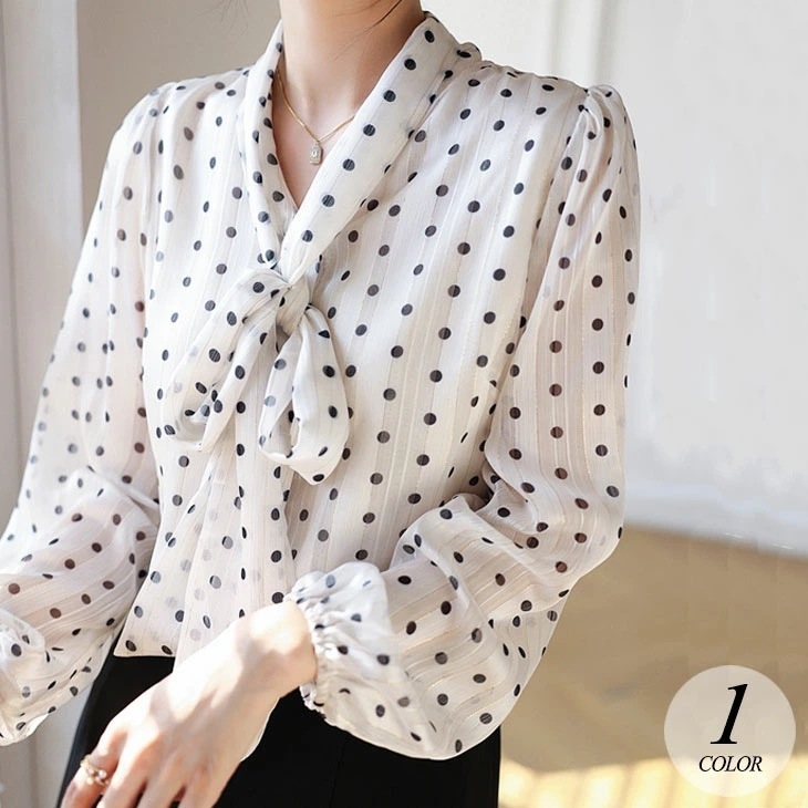 【2025新作 急速出荷】ドット柄 シアー プルオーバー ボウタイ ブラウス 長袖 トップス 水玉 シースルー 透け感 可愛い フェミニン カジュアル きれいめ 上品 春 夏 秋 ホワイト 白 レディ