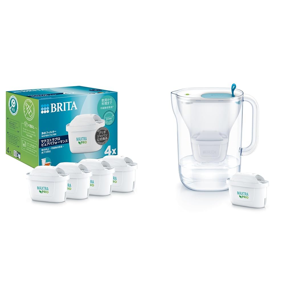 浄水器 交換用 マクストラ プロ カートリッジ ピュアパフォーマンス ４個入り 【日本正規品】 + ポット型 浄水器 スタイル ブルー ろ過水容量:1.26L(全容量:2