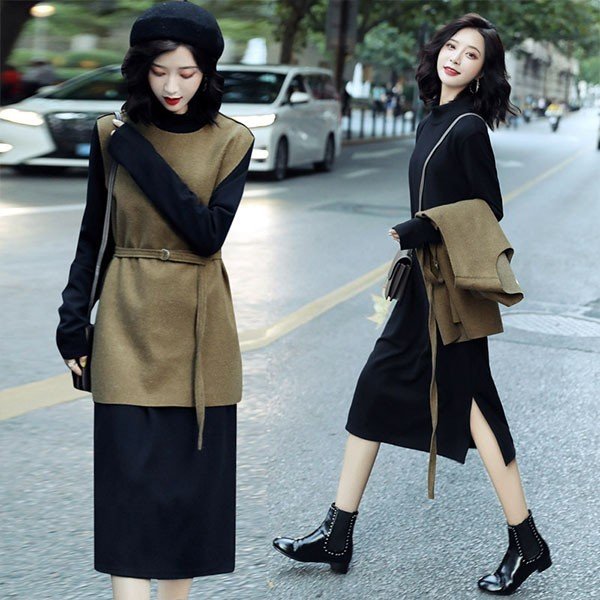 2点セット レディース ニットワンピース ドレス ベルト付き プリーツ メリヤス スカート 長袖 ル