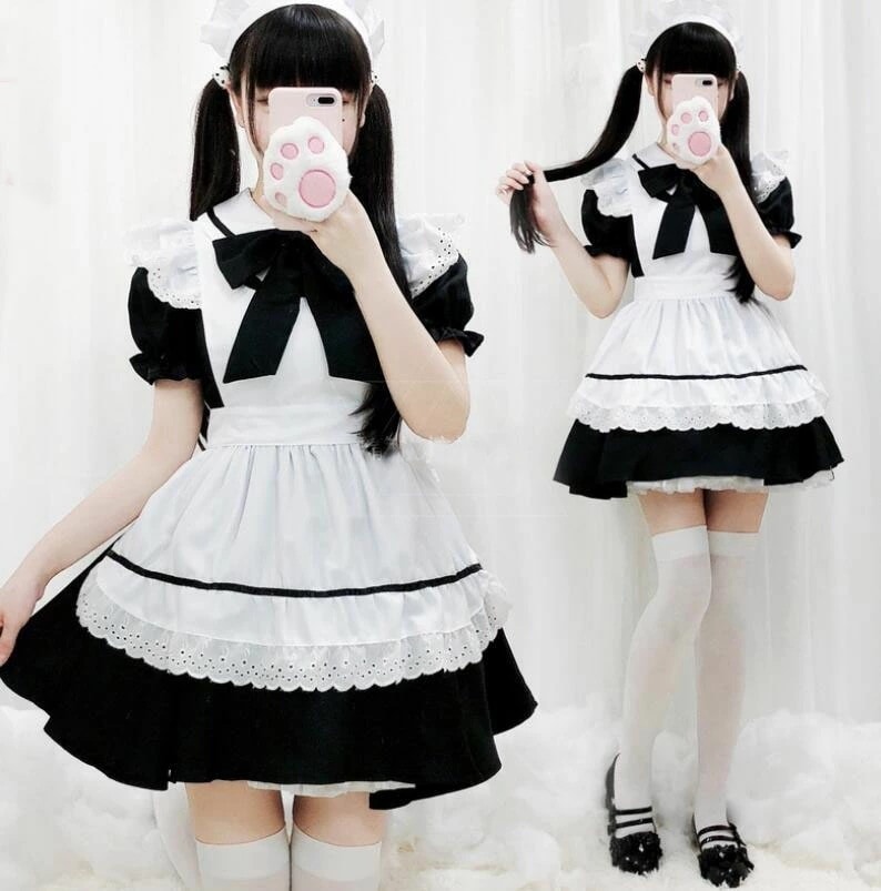 迅速な出荷 メイド服 ショート丈 膝丈 メイド コスプレ 半袖 ワンピース ゴシック ロリータ ドレス 可愛い メイド コスチューム 喫茶店 制服 ウェイトレス フリル エプロンドレス リボン lol