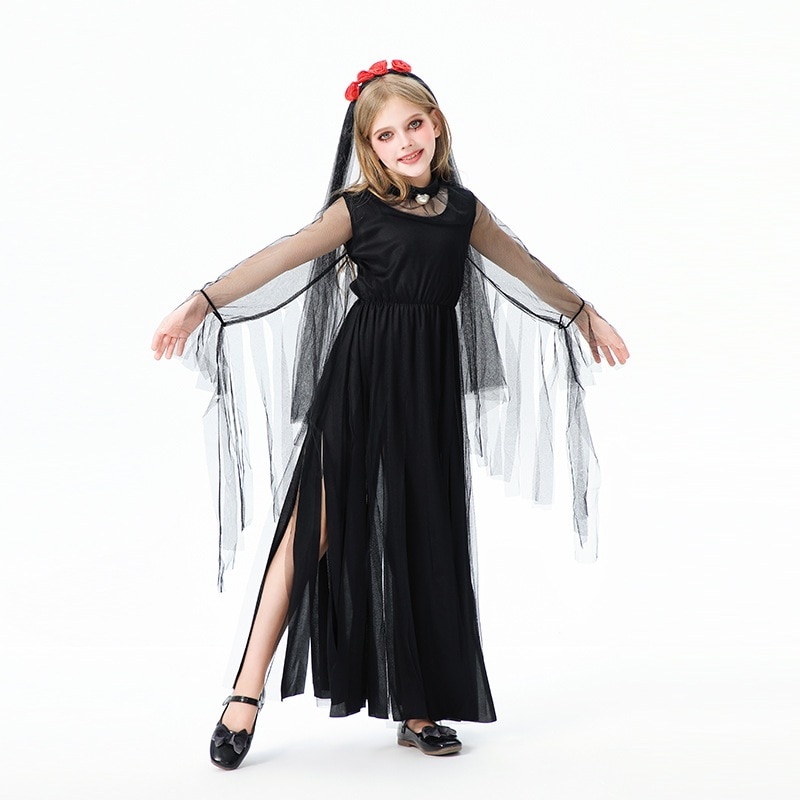 ハロウィンの子供用コスチューム女の子ダークデビルゴースト花嫁ロングドレスヴァンパイア魔女ヨーロッパとアメリカの面白いパフォーマンスコスチューム
