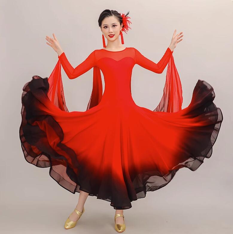 【急速出荷!】モダンドレス グラデーション 赤黒 モダンダンス ドレス レディース 大人 社交ダンス ラテンドレス スタンダードドレス ル 長袖 リボン付 ロング ダンス ワンピース タンゴ ワルツ